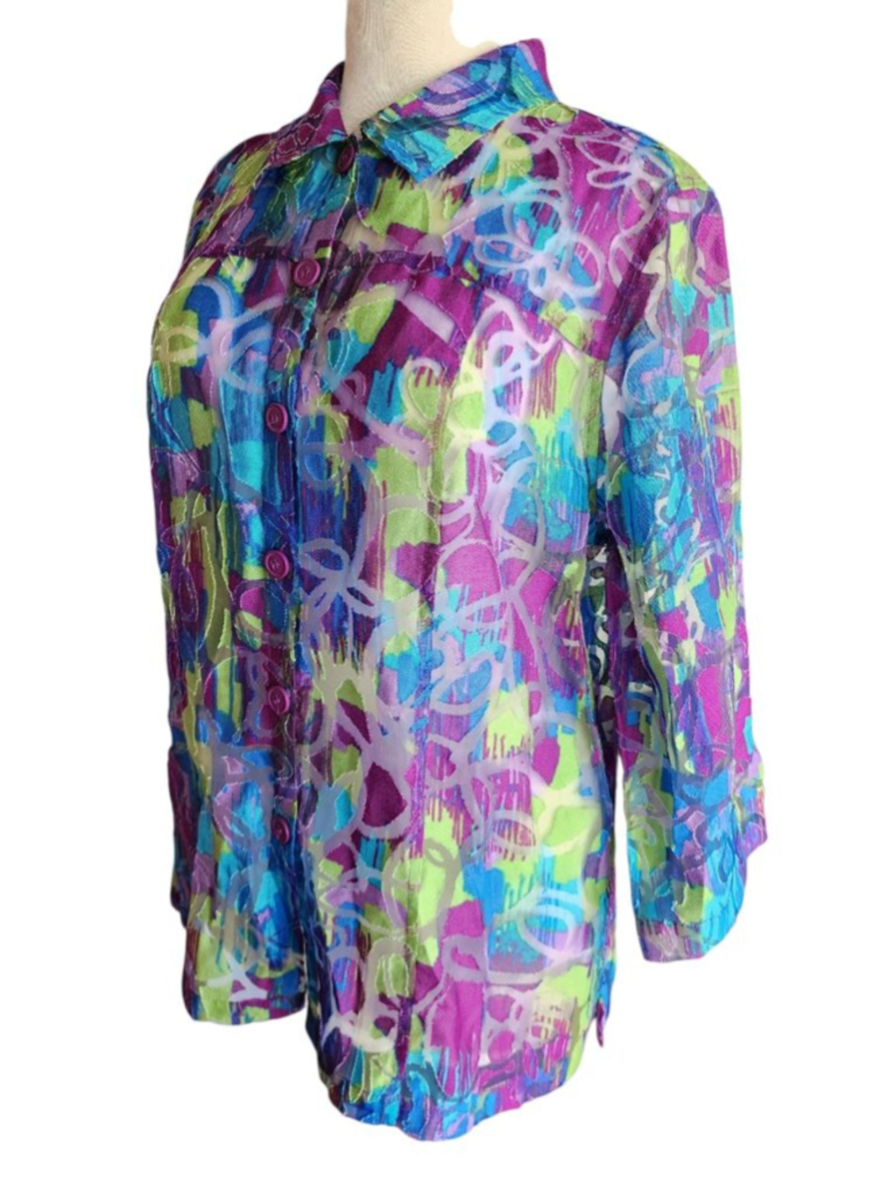 Westbound L Colorful Abstract Button Up 3/4 Sleeve Rayon Linen Sheer Blouse